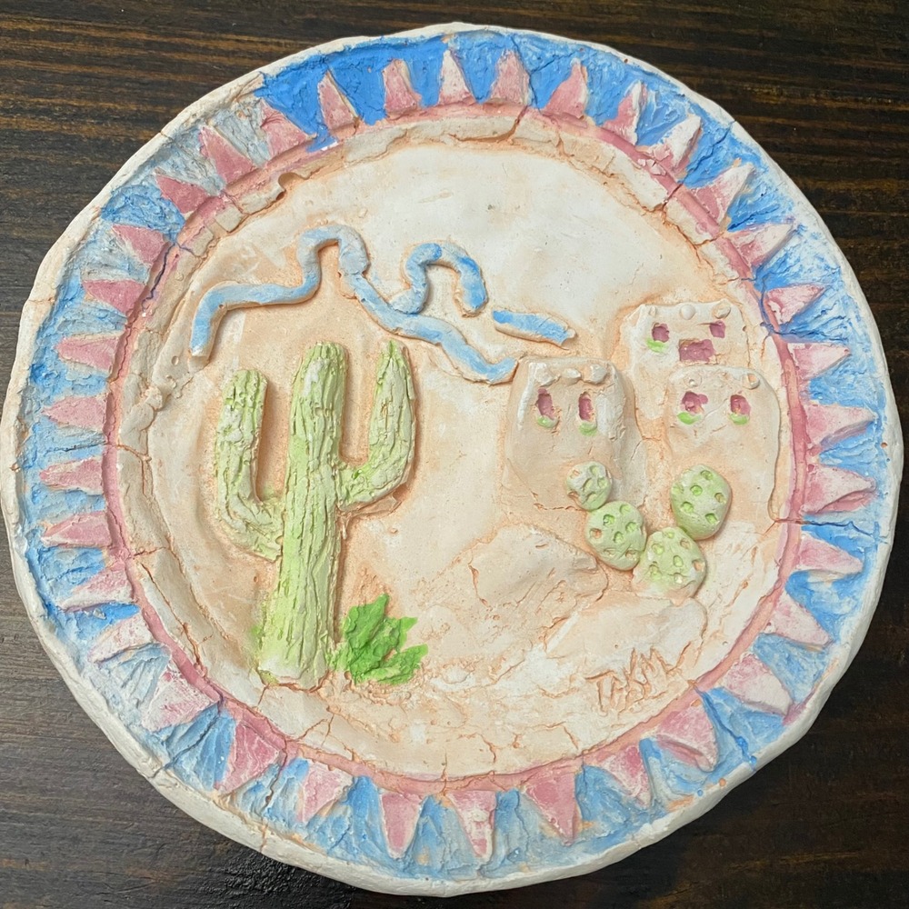 Southwest Desert Wall Hanging Plate Cactus Ceramic Art Pottery Signed 7.5" OOAK - Picture 4 of 9